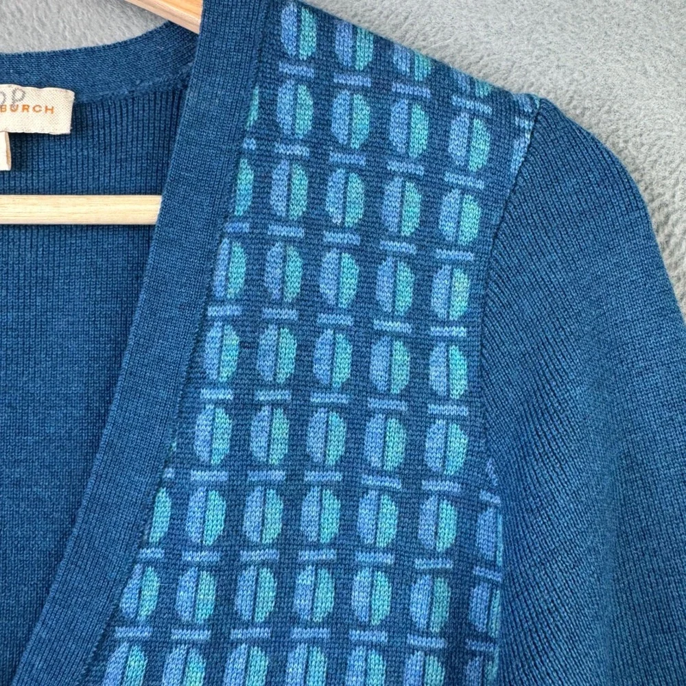 Tory Burch Walda Scarab Blue 100%‎ Merino Wool Cardigan Sweater Beetle Buttons S